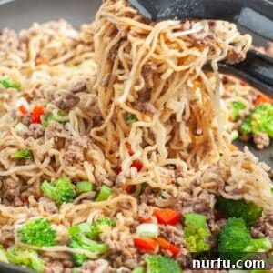 Savory Ground Beef Ramen 9 Ramen noodles with vegetables in a skillet.