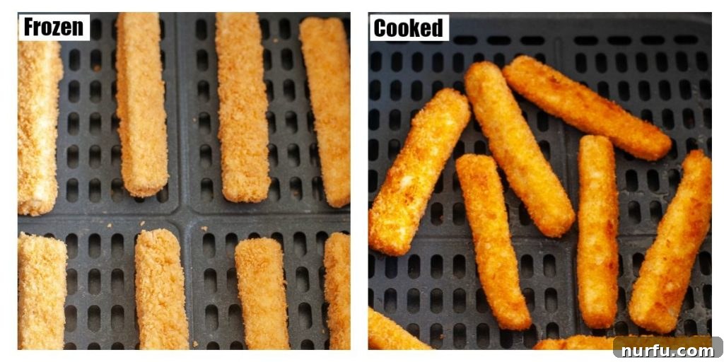 Crispy Air Fryer Fish Sticks 3 Two plates showing air-fried fish sticks, one frozen and one perfectly cooked and golden brown.