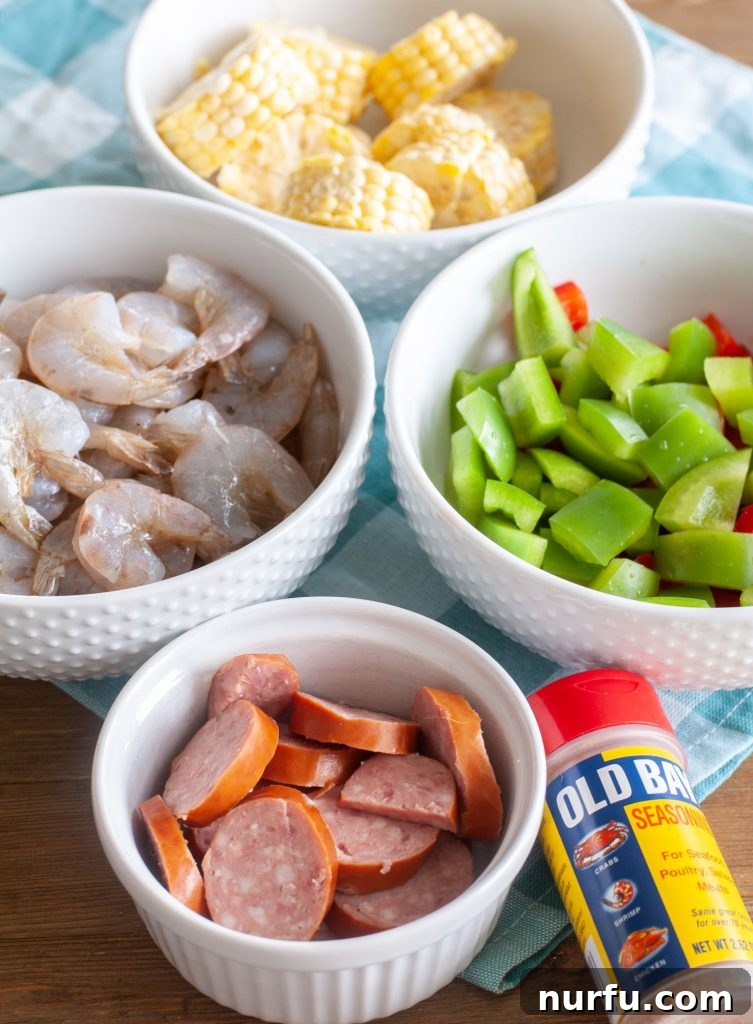 Air-Fried Shrimp and Sausage Medley 3 Bowl of seasoned shrimp, sausage, bell peppers, and corn ingredients