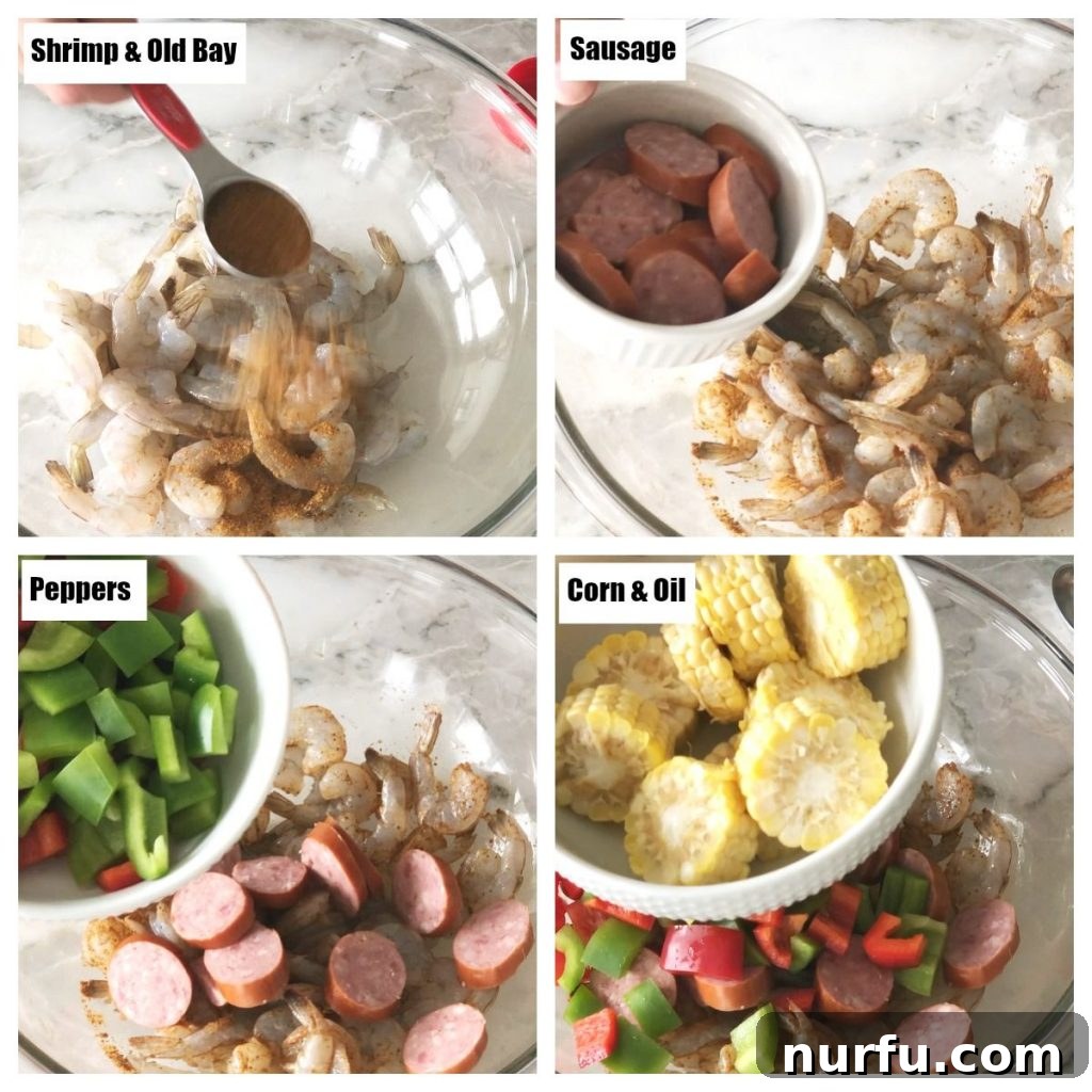 Air-Fried Shrimp and Sausage Medley 4 Shrimp, Old Bay, Peppers, Corn, and Sausage mixed in a bowl