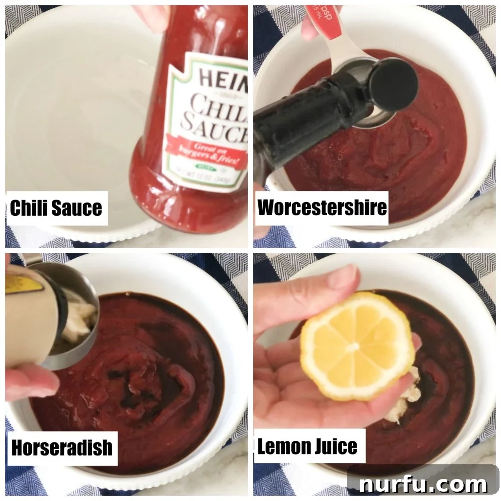 A bowl of freshly mixed homemade cocktail sauce, surrounded by the raw ingredients of chili sauce, Worcestershire sauce, horseradish, and lemons.