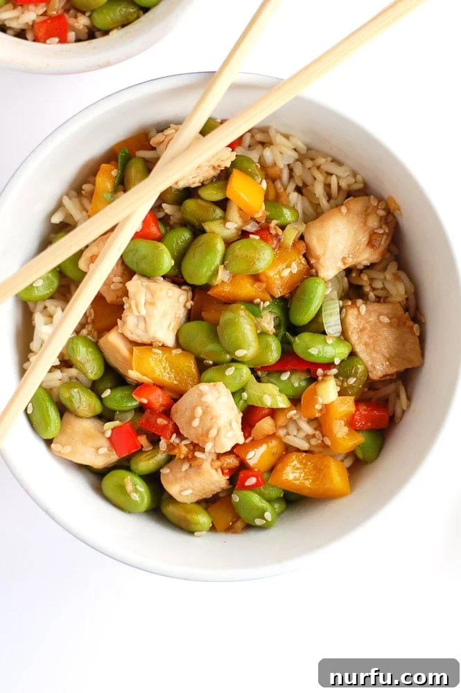 Vibrant chicken edamame rice bowl with fresh vegetables and brown rice