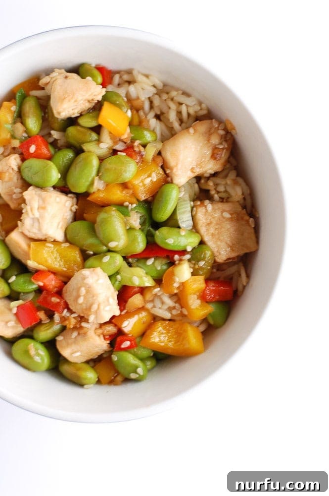 Overhead view of a prepared chicken and edamame rice bowl, ready to be enjoyed
