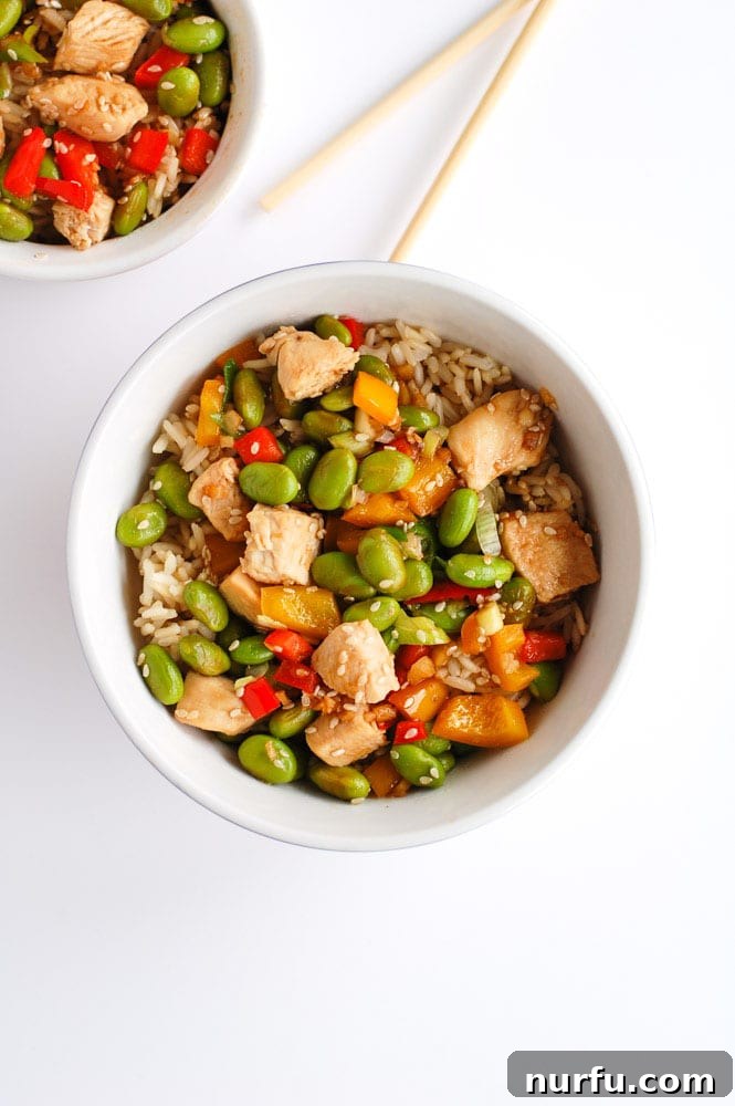 Four chicken edamame rice bowls arranged for a family meal
