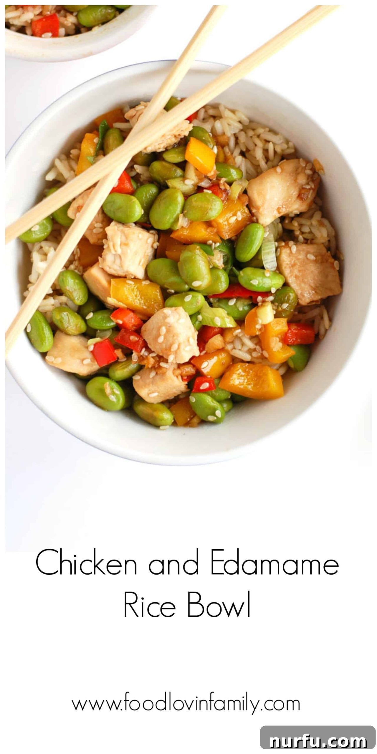 Collection of images showing the preparation steps and final chicken edamame rice bowl
