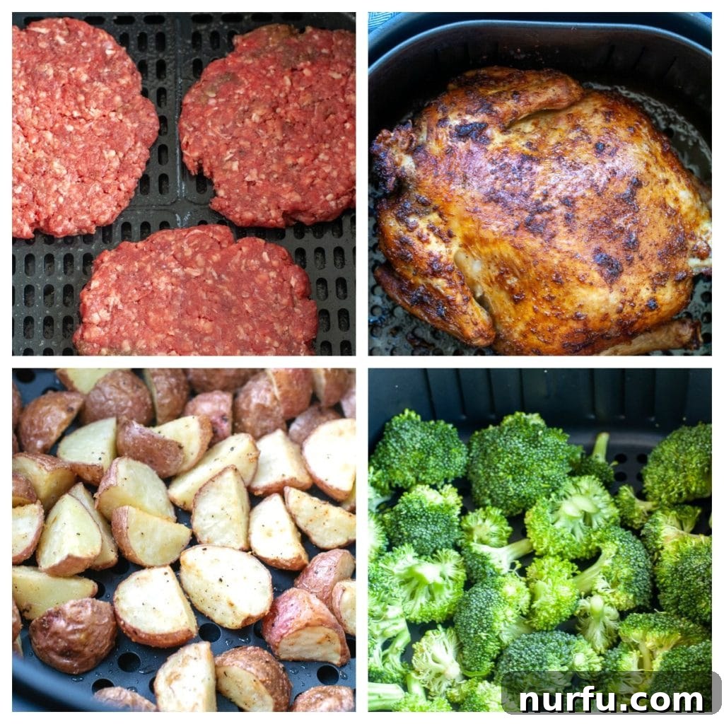 Cosori Air Fryer: Is It Worth Buying 5 A diverse collage of air-fried foods including hamburger patties, chicken, golden potatoes, and vibrant broccoli, showcasing the versatility of air frying.