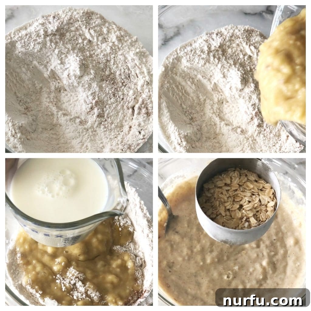 Wholesome Banana Oat Flapjacks 3 Bowls of flour, mashed bananas, milk, and oats, showing the process of making pancakes.