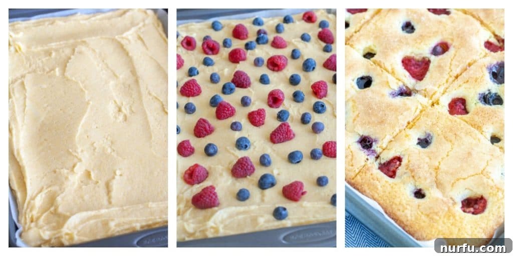 Cornmeal berry sheet cake in a baking pan, showing the before and after with raspberries and blueberries on top.