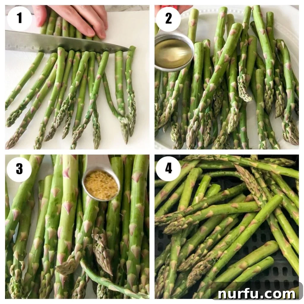 Golden Air Fryer Asparagus 3 Step-by-step images showing trimmed asparagus, asparagus with oil and lemon pepper, and asparagus in an air fryer basket.
