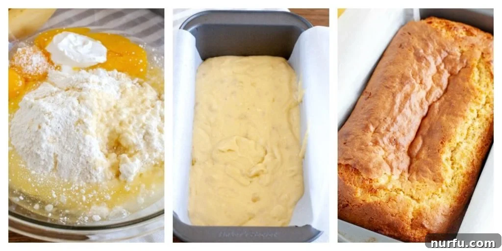 Easy Cake Mix Banana Bread 4 A visual progression of making cake mix banana bread, showing mashed bananas in a bowl, thoroughly mixed batter, raw batter in a loaf pan, and a finished golden-brown loaf.