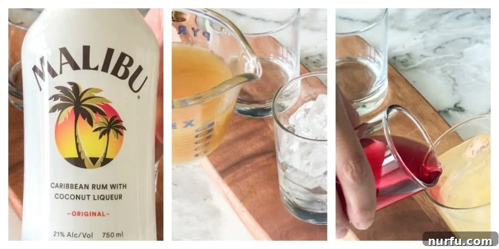 bottle of malibu rum, pineapple juice in measuring cup, grenadine pouring into glass, illustrating the step-by-step process of making the drink.