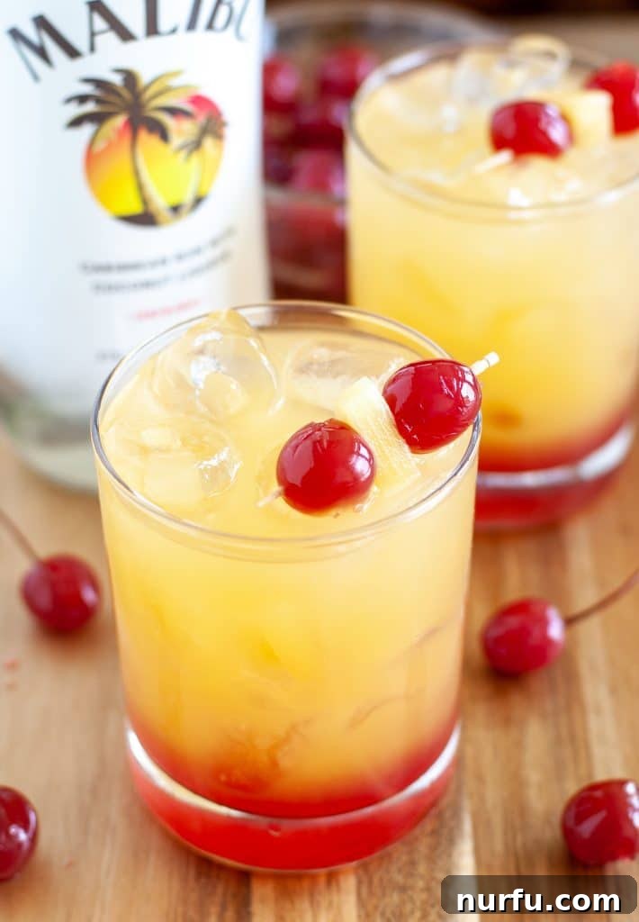 2 glasses with pineapple rum cocktails and bottle of malibu, beautifully presented and ready to enjoy.
