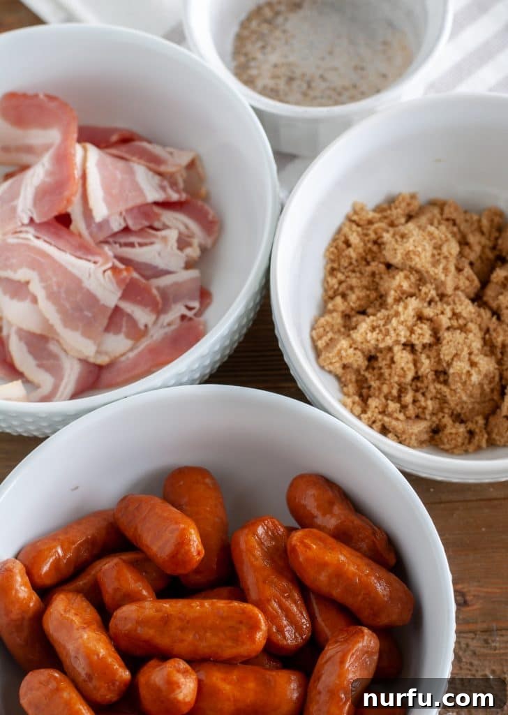 Crispy Air Fryer Piggy Wraps 3 bowl of smokies, bowl of brown sugar, bowl of bacon