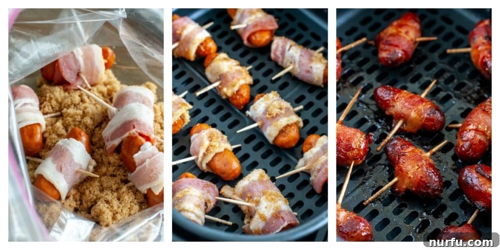 Crispy Air Fryer Piggy Wraps 4 bacon wrapped smokies in a bag with brown sugar, in an air fryer and cooked