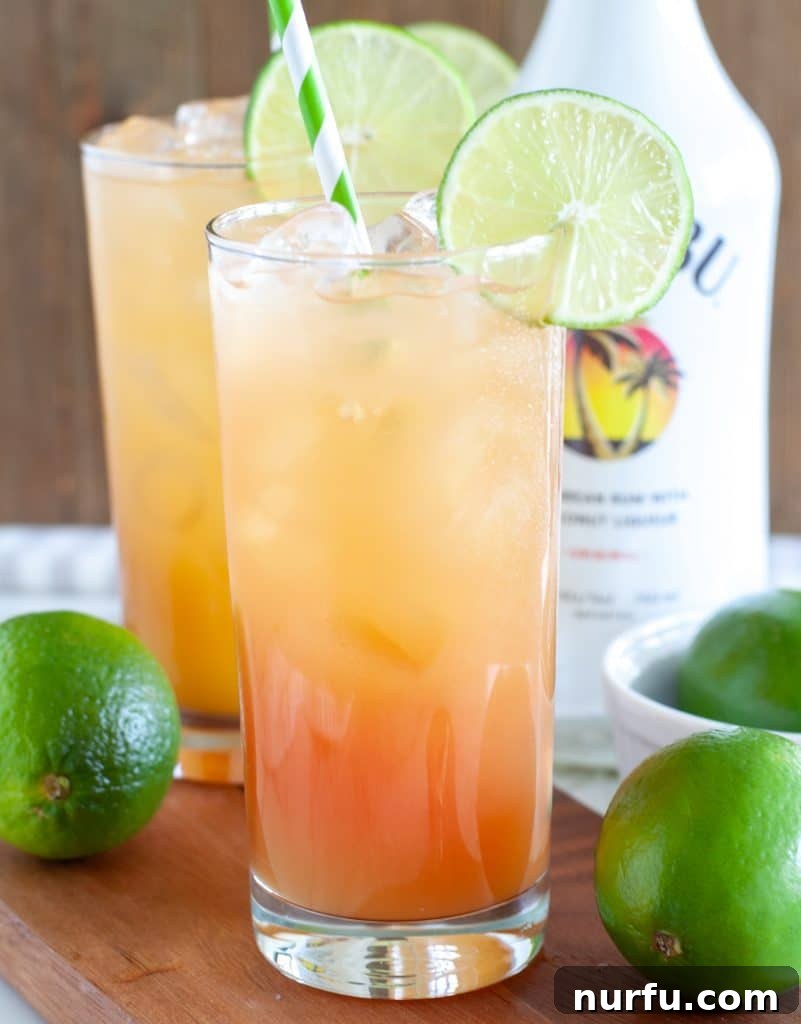 Tropical Shoreline Sip 2 Malibu Bay Breeze in a tall glass with slice of lime, garnished with a lime wedge on the rim, evoking a sense of tropical refreshment.