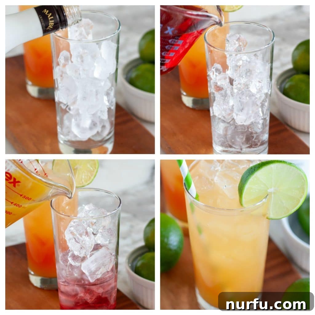 Tropical Shoreline Sip 3 Glass with ice, Malibu rum, cranberry juice, and pineapple juice layered, showing the step-by-step process of making a Malibu Bay Breeze.