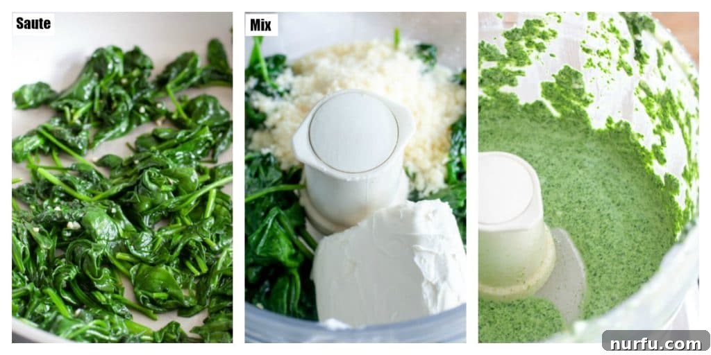Vibrant Verde Pasta 3 Step-by-step images showing sautéed spinach, cream cheese, and ingredients blending in a food processor for green pasta sauce