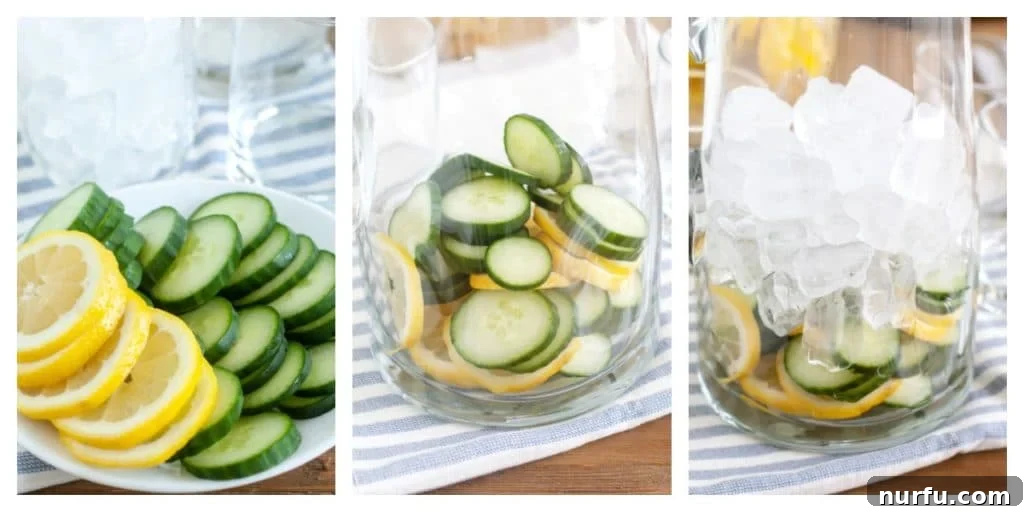 Refreshing Cucumber Lemon Infusion 3 sliced cucumbers and lemon on plate, in a pitcher and covered with ice