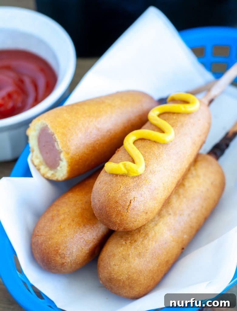 Crispy Air Fryer Corn Dogs served in a basket with a side of ketchup.