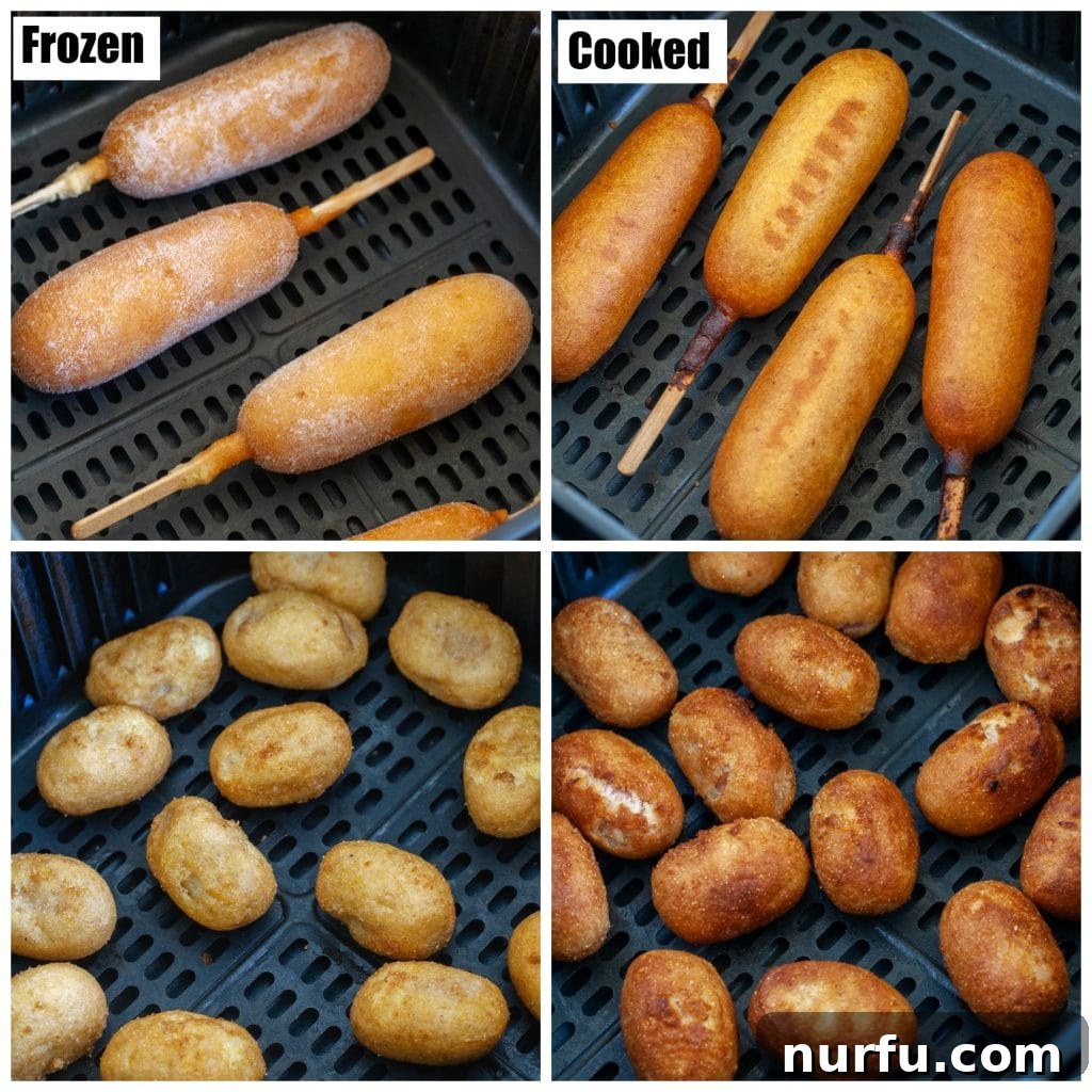 A comparison image showing frozen corn dogs next to perfectly cooked, golden-brown air-fried corn dogs.