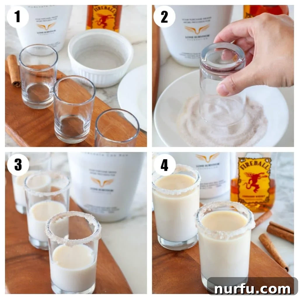 Golden Cinnamon Surge 3 Shot glasses, plate with cinnamon sugar, glass filled with rumchata and fireball