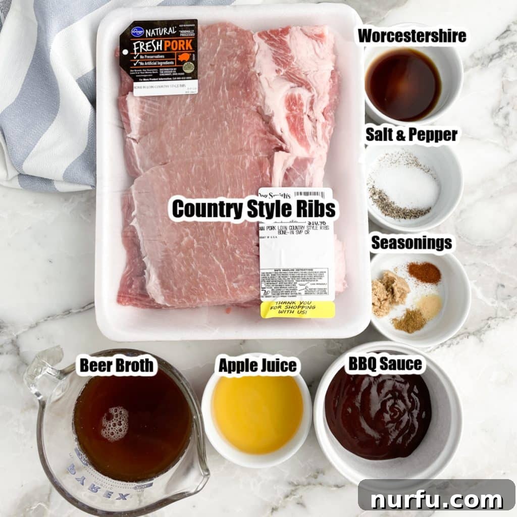 Fall-Off-The-Bone Instant Pot Country Ribs 3 Selection of ingredients for Instant Pot Country Style Ribs: pork ribs, bowl of seasonings, beef broth, apple juice, BBQ sauce, and Worcestershire sauce.
