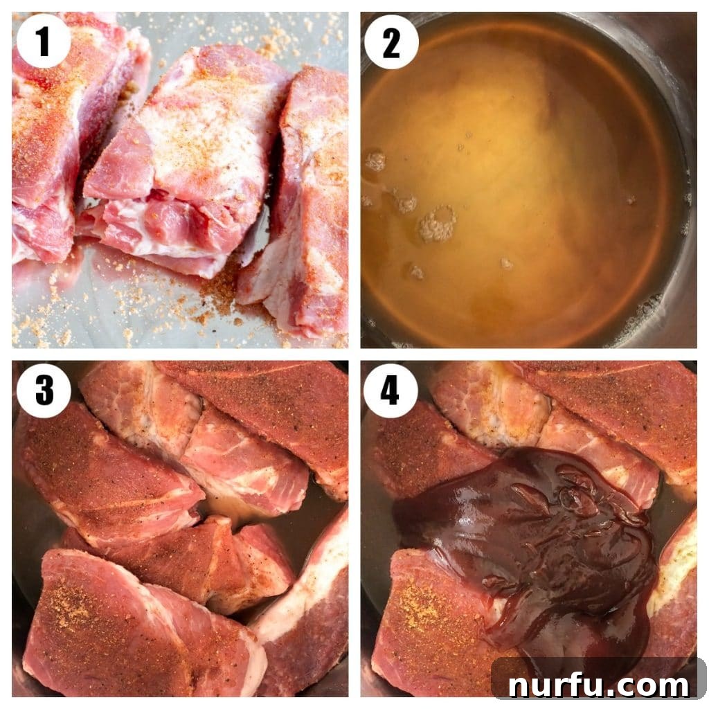 Fall-Off-The-Bone Instant Pot Country Ribs 4 Step-by-step images: seasoned ribs, Instant Pot with liquid, ribs coated in BBQ sauce before cooking.