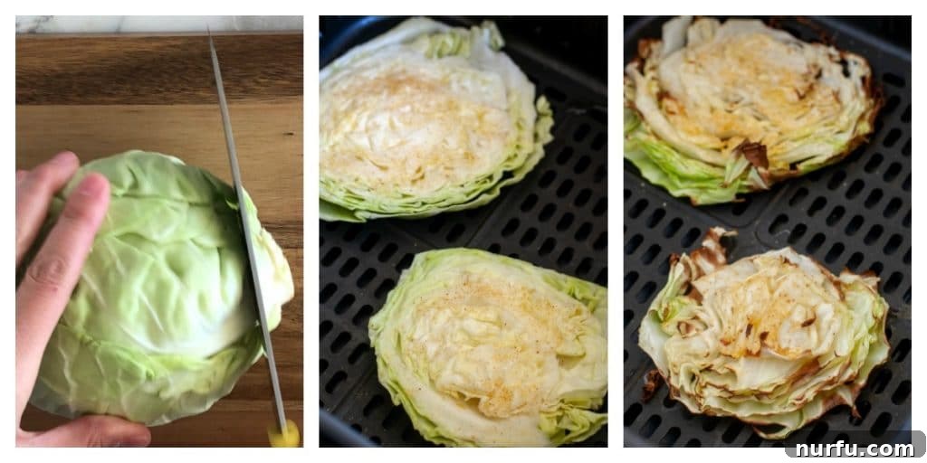 Crispy Air Fryer Cabbage 4 Head of cabbage and cabbage slice in air fryer basket.