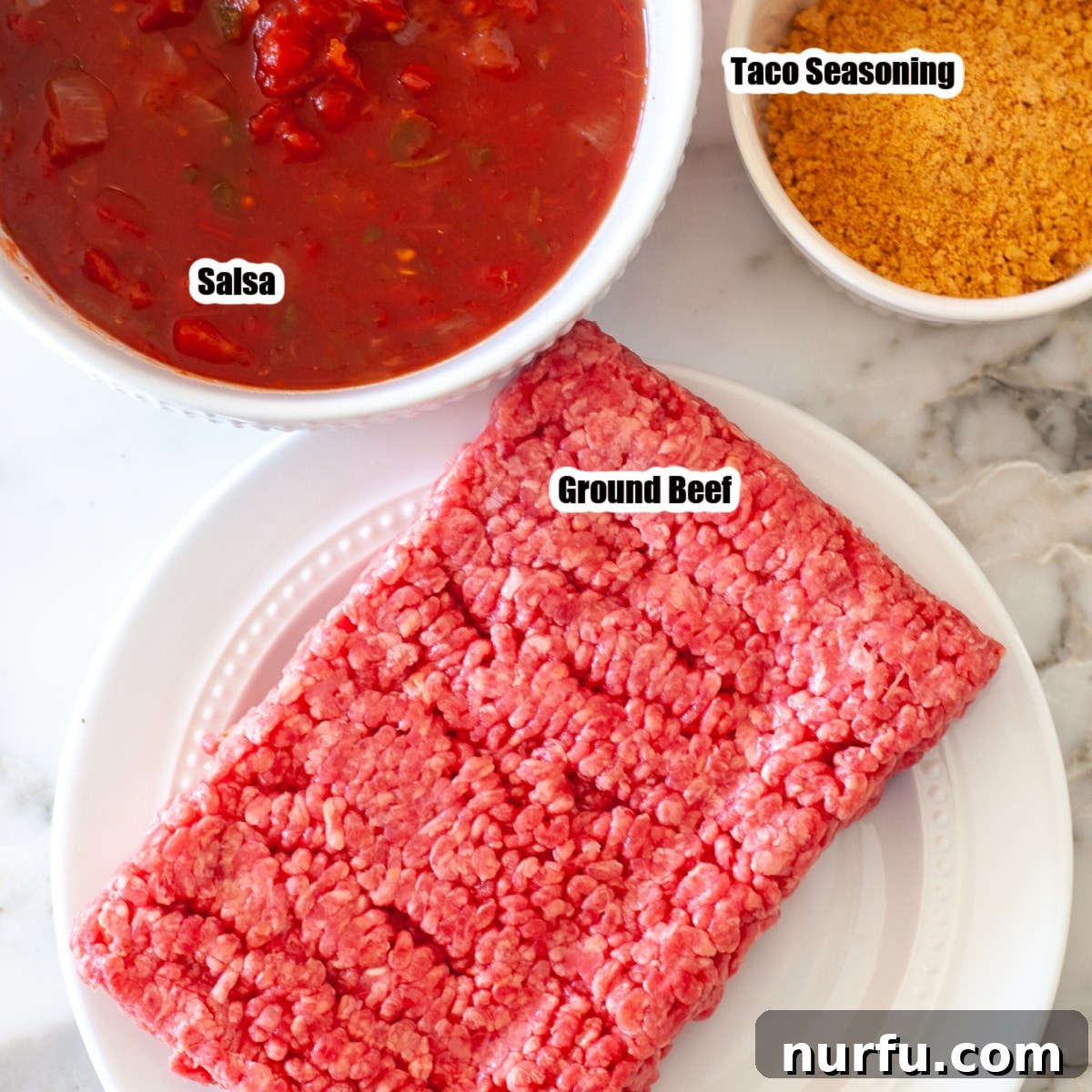 Effortless Slow Cooker Tacos 3 Ground beef, a bowl of chunky salsa, and a packet of taco seasoning displayed as core ingredients.