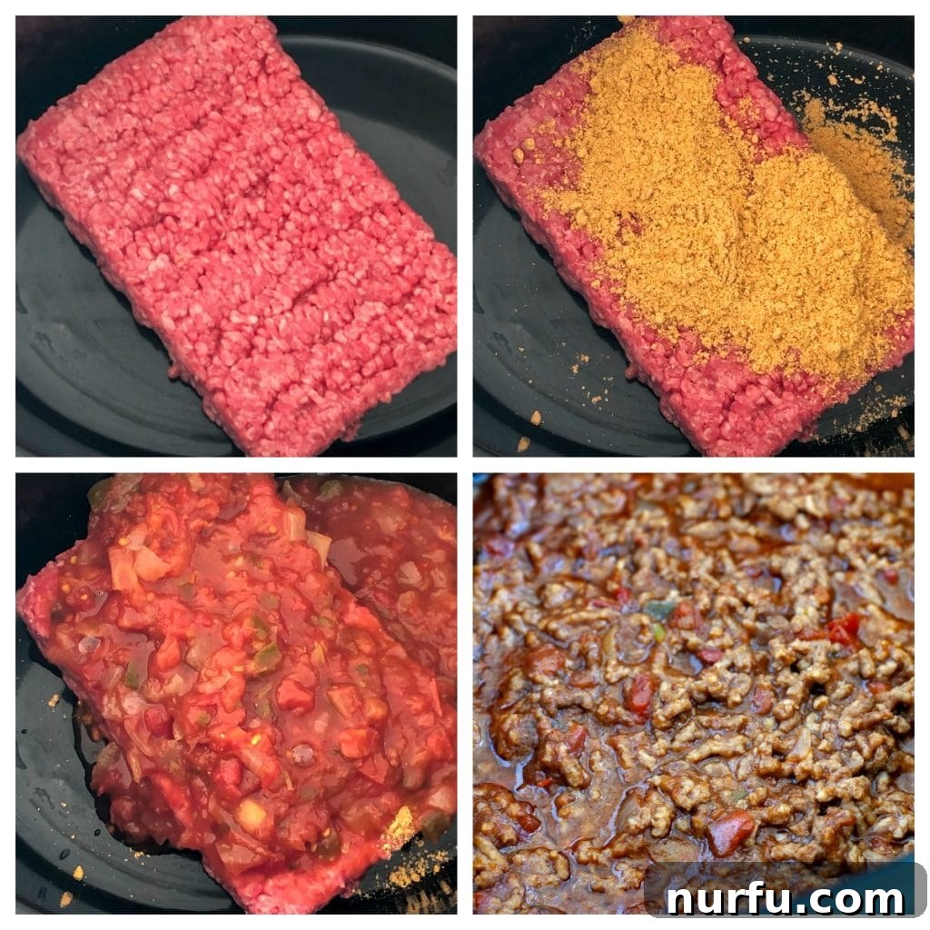 Effortless Slow Cooker Tacos 4 Raw ground beef, taco seasoning, and salsa are combined in a slow cooker, ready to cook.