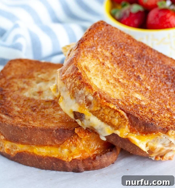 Crispy Air-Fried Cheese Toastie 2 2 grilled cheese sandwiches on a plate, perfectly toasted with melty cheese.