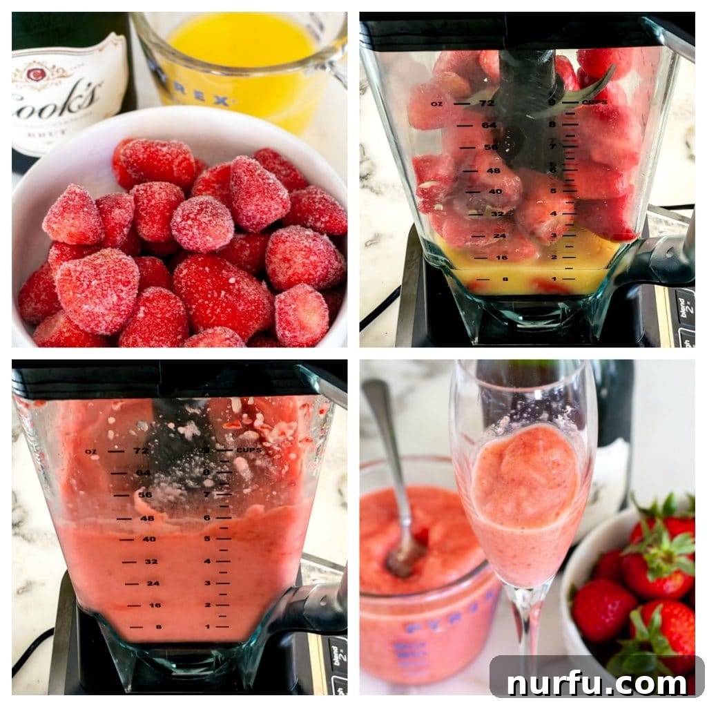 Step-by-step images showing frozen strawberries, orange juice, and champagne; then blending the strawberries and orange juice; and finally the mixed strawberry mimosa in a glass.