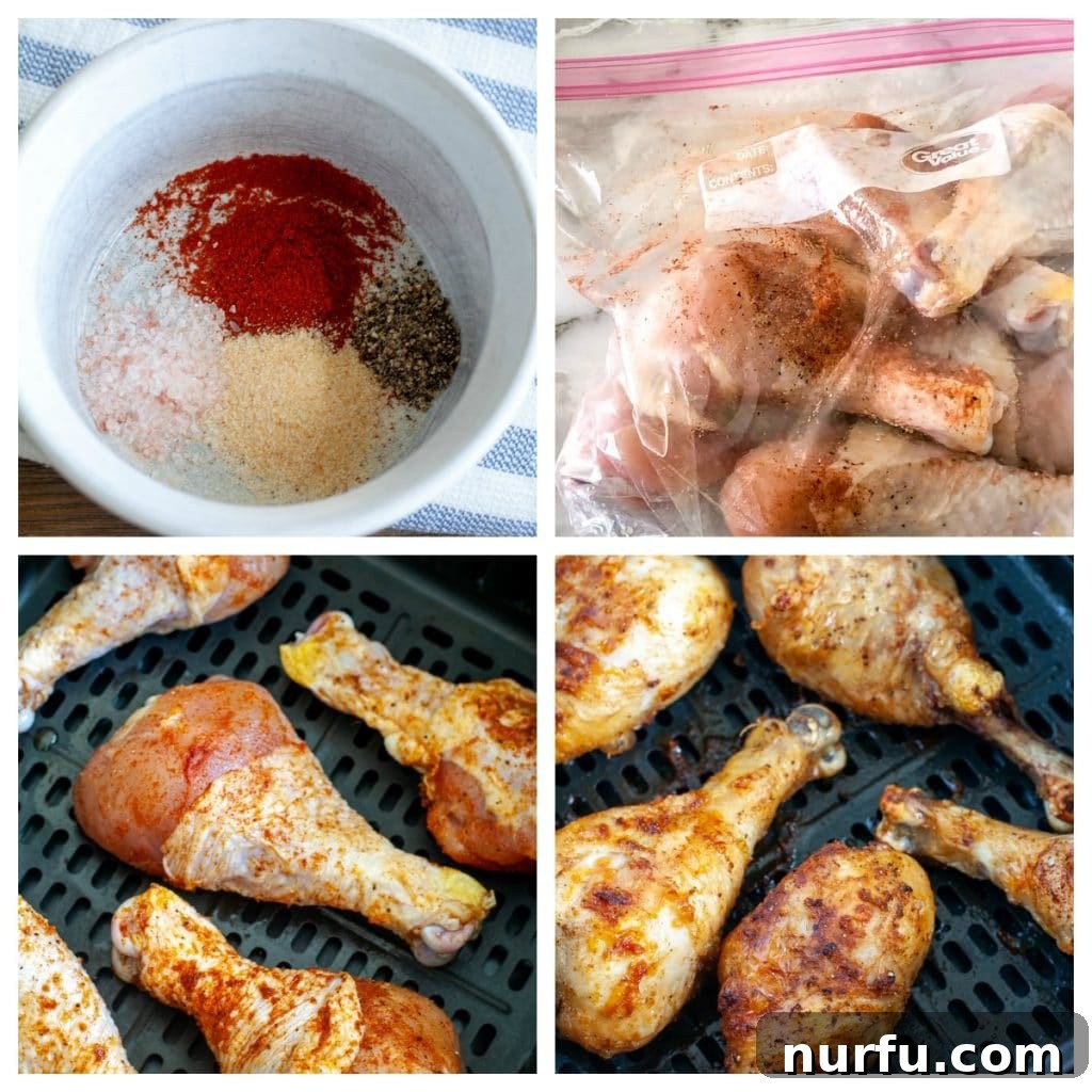 Crispy Air Fryer Drumsticks 3 Three stages of preparation for air fryer chicken legs: spices in a bowl, seasoned chicken in a bag, and chicken cooking in an air fryer basket