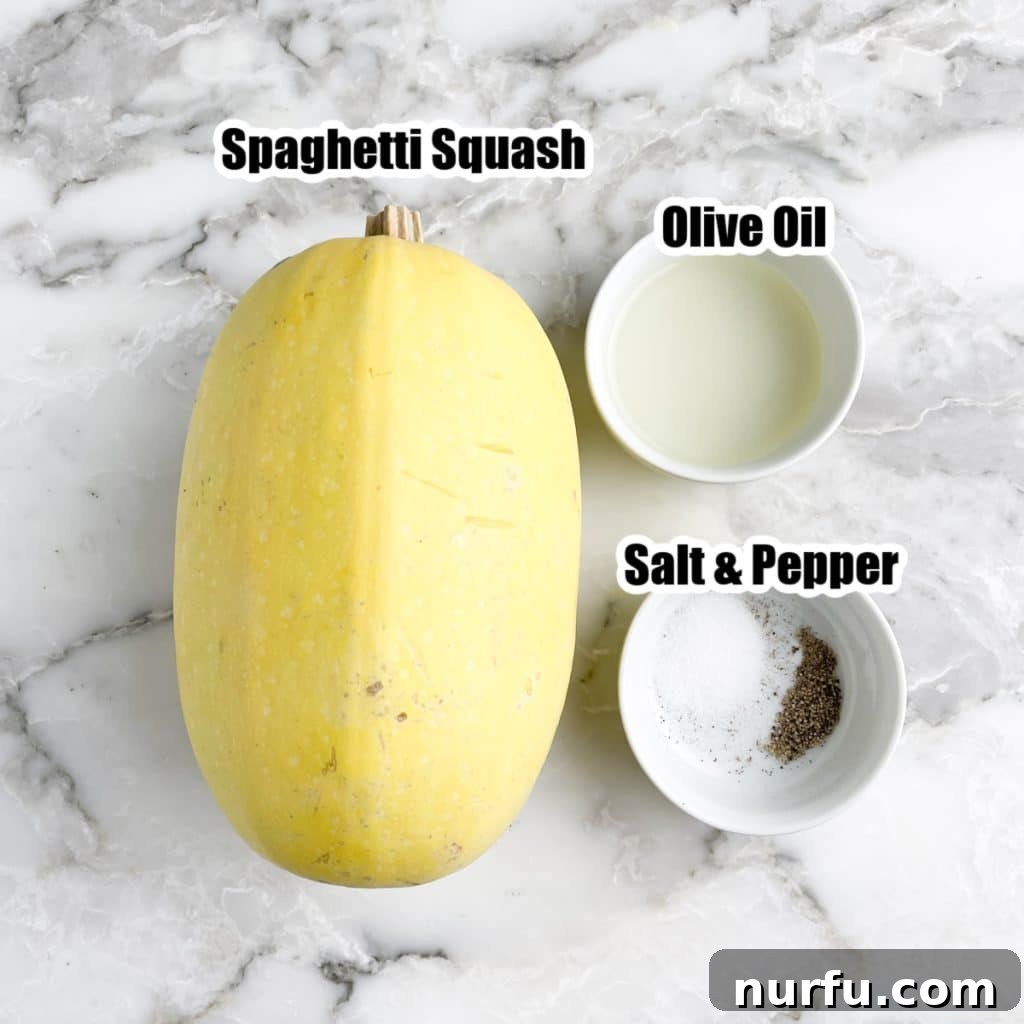 Crispy Air Fryer Spaghetti Squash 3 Fresh spaghetti squash, a bowl of olive oil, and a bowl of salt and pepper laid out on a kitchen counter, ready for air frying.