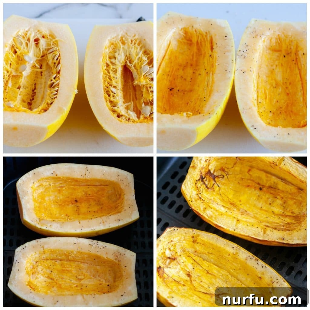 Crispy Air Fryer Spaghetti Squash 4 A visual guide showing spaghetti squash cut in half, placed in the air fryer, and finally roasted to perfection, illustrating the cooking process.