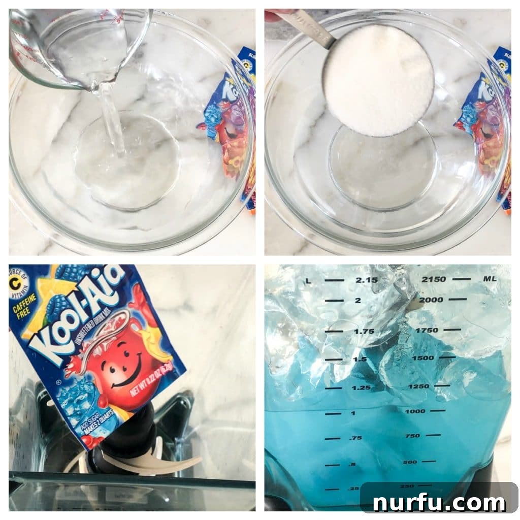 Crafting Your Perfect Slushie 4 A visual guide showing the steps: water and sugar being mixed in a bowl, a Kool-Aid packet, and finally, all ingredients blending together with ice in a blender.