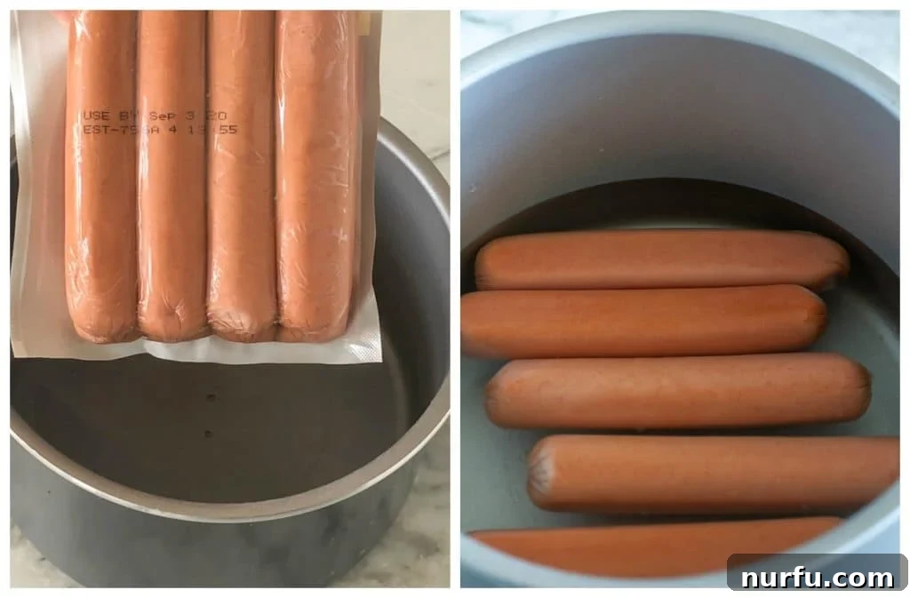 Mastering the Boiled Hot Dog 3 Package of hot dogs next to a pot of boiling water