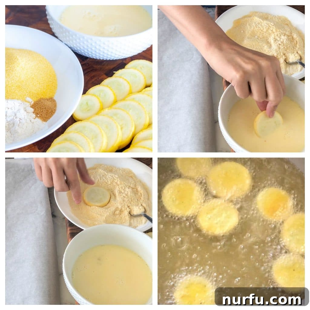 Southern Fried Yellow Squash 3 Sliced squash, egg and milk, cornmeal and flour, squash frying