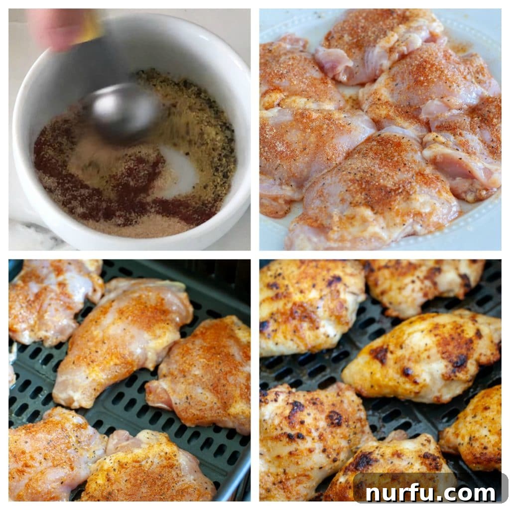 The Ultimate Air Fryer Chicken Thighs 3 spices in bowl, chicken thighs with spices, cooked chicken thighs