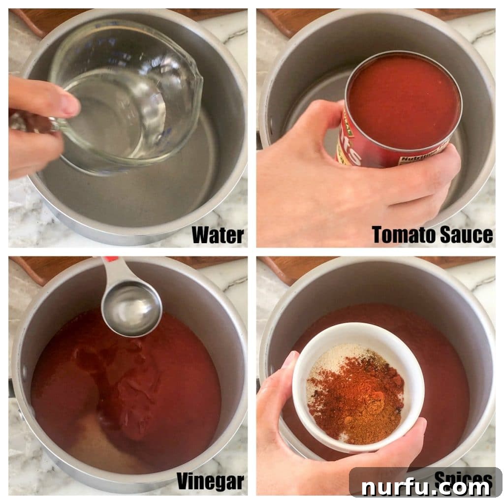 Fiesta Flavor Sauce 3 Pot with water, tomato sauce, vinegar and spices simmering, illustrating the cooking process of homemade taco sauce.