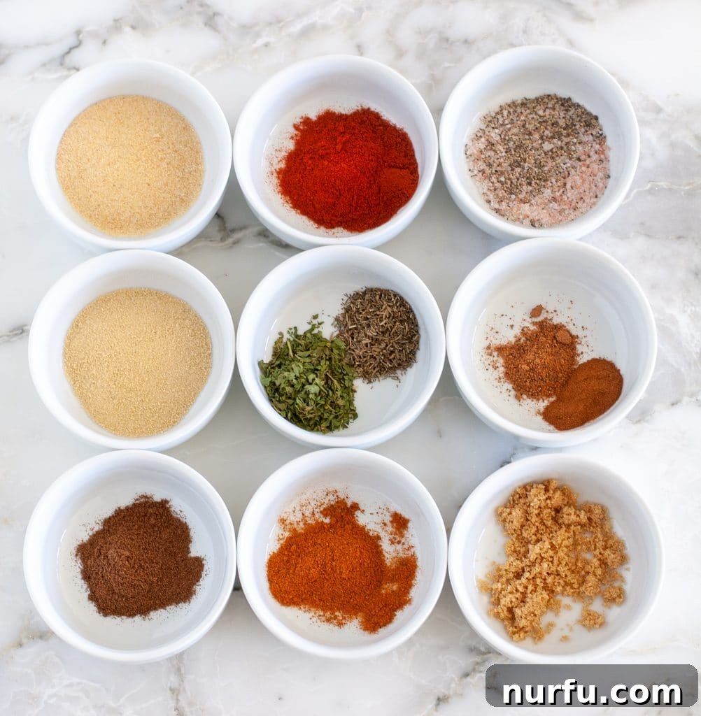 Spices separated into 9 bowls