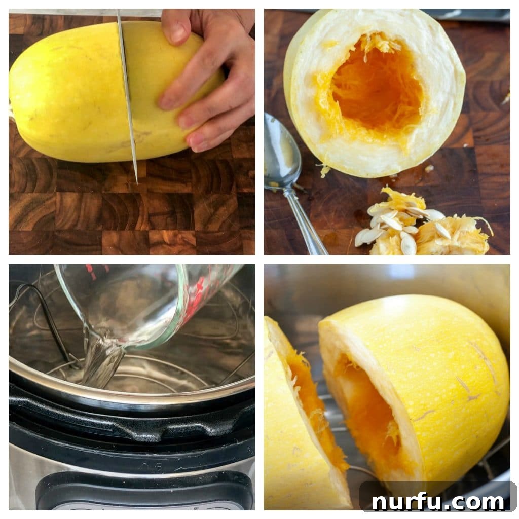 Easy Instant Pot Spaghetti Squash 3 Cooked spaghetti squash halves, revealing long, golden strands, removed from the Instant Pot