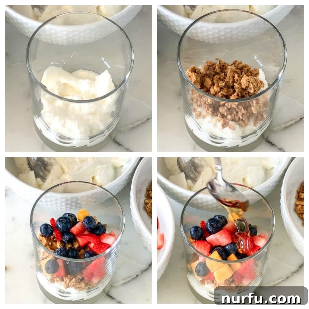 Cup with yogurt, granola, fruit and honey in layers