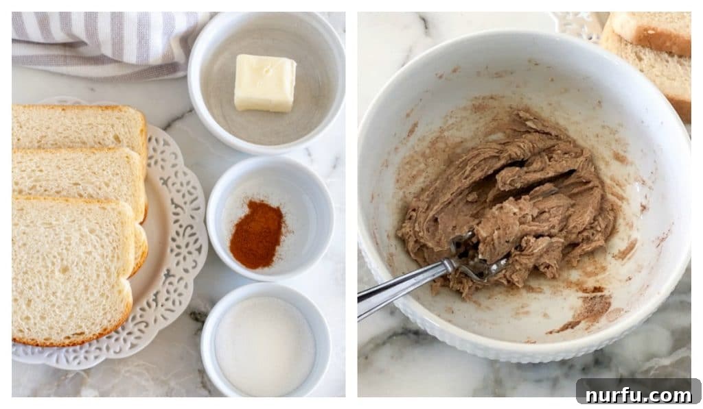 Choose Your Crunch: Three Ways to Make Cinnamon Toast 3 Ingredients for cinnamon toast: bread, softened butter, sugar, and cinnamon in small bowls, arranged for easy spread preparation.