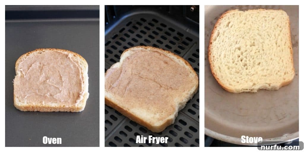 Choose Your Crunch: Three Ways to Make Cinnamon Toast 4 A collage of cinnamon toast cooking methods: on a baking sheet, in an air fryer basket, and in a skillet, showcasing versatility.