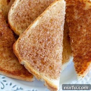 Close-up of a plate of cinnamon toast, emphasizing its golden-brown texture and delicious topping.