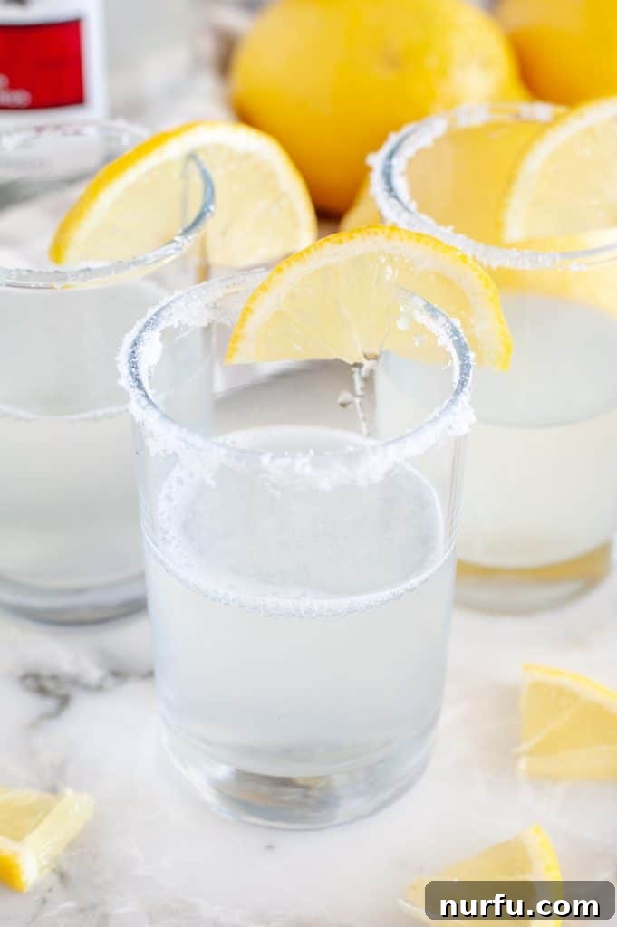 Zesty Lemon Shooters 2 Lemon Drop Shot in shot glass with lemon wedge