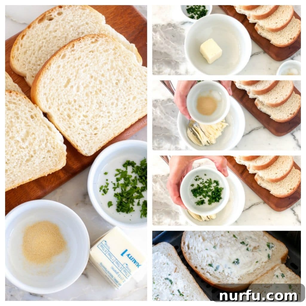 Perfect Air Fryer Texas Toast 3 A visual guide showing the ingredients for Texas toast: thick bread, softened butter, garlic powder, and fresh parsley, prepped for mixing.