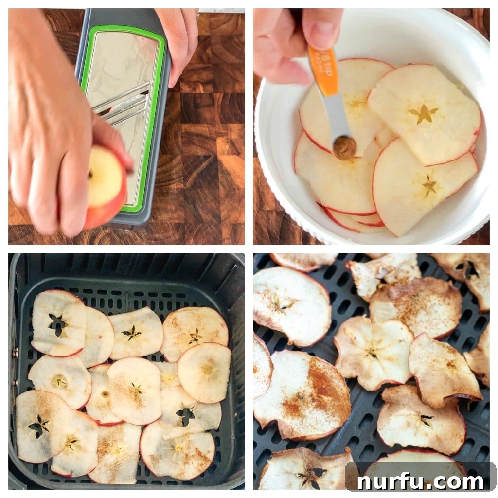 Crispy Air-Fried Apple Slices 3 A step-by-step visual guide showing an apple being sliced with a mandoline, slices being tossed with cinnamon, and apple slices neatly arranged in an air fryer basket.