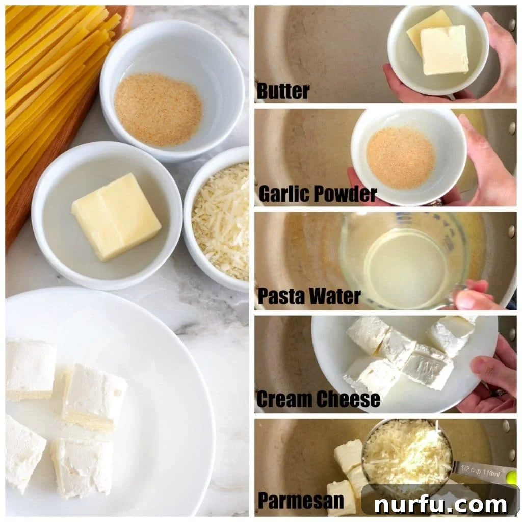 Creamy Indulgence Pasta 3 Ingredients for cream cheese pasta sauce: butter, garlic powder, pasta water, cream cheese, Parmesan